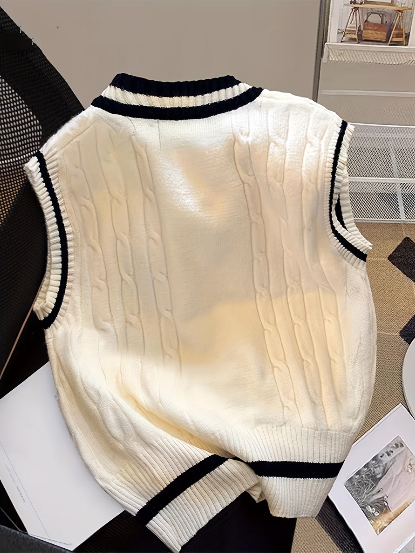 Elegant V-Neck Cable Knit Sweater Vest with Badge Detail - Polyester/Acrylic Blend, Non-Transparent, Contrast Pattern, All Seasons