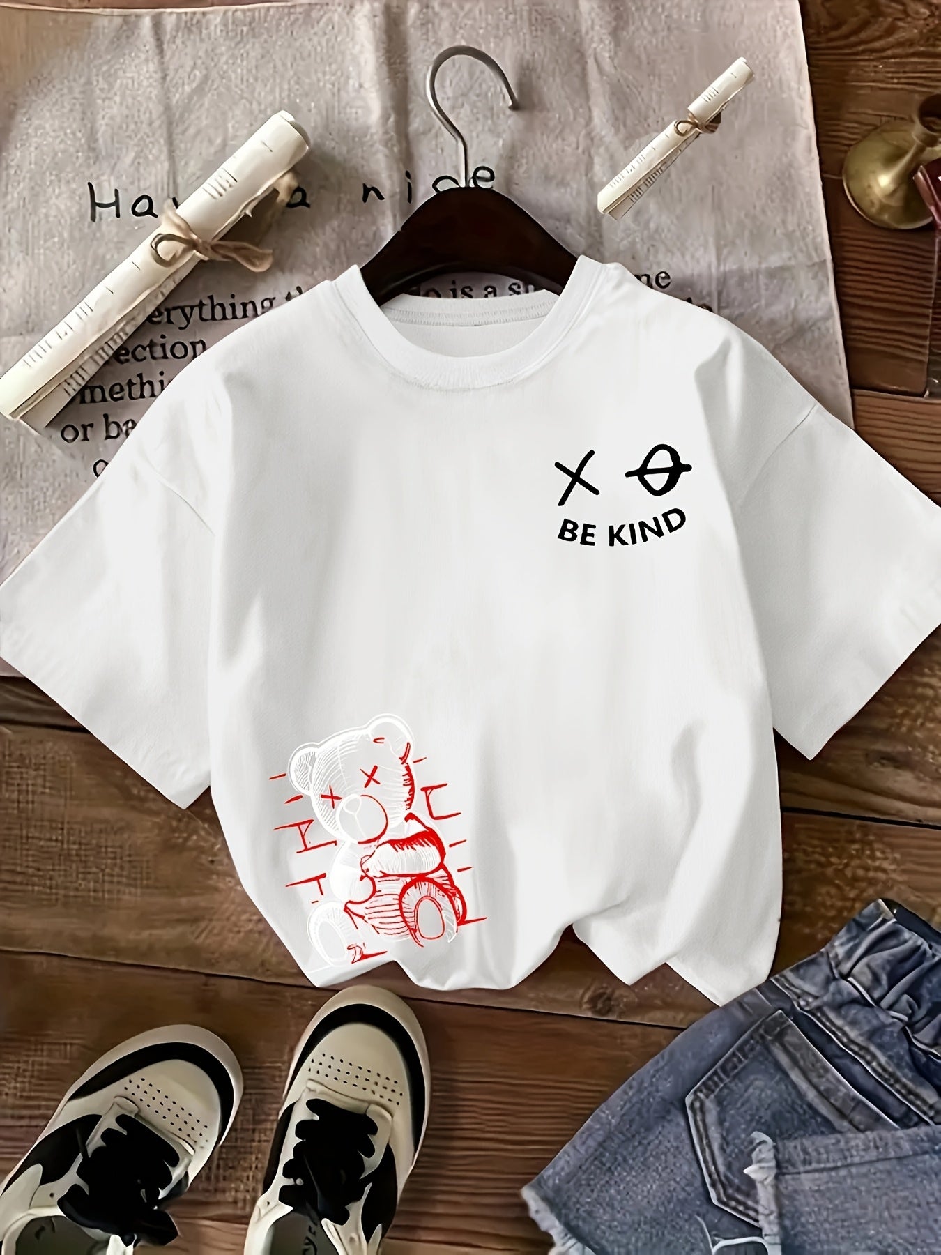 Kids' Summer Casual Crew Neck T-Shirt, Polyester 100% Knitted Fabric with Slight Stretch, Regular Fit with Alphabet Pattern, Boys' Short Sleeve Top for Outdoor Activities