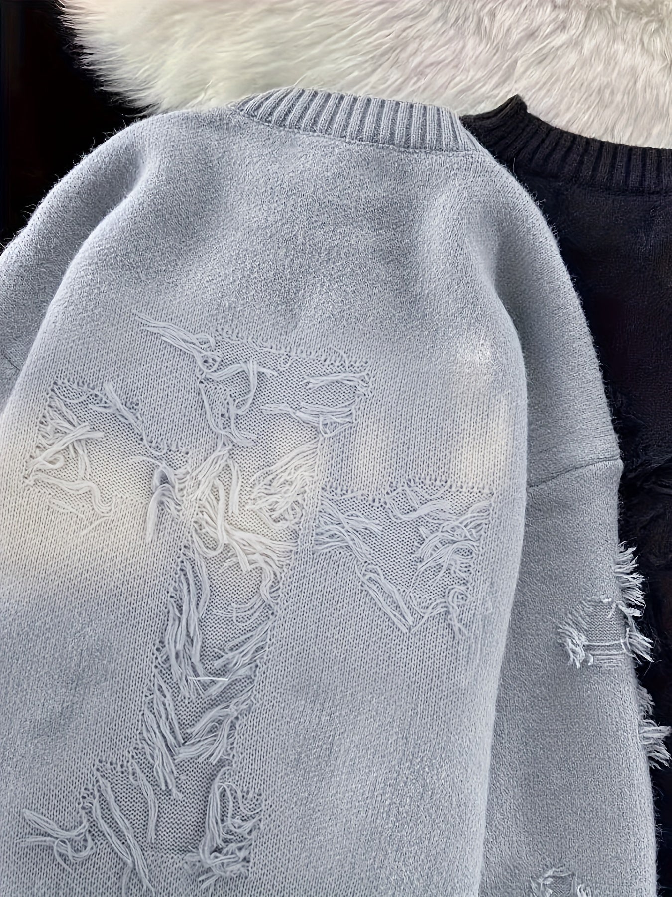 Women's Casual Light Gray Pullover Sweater - Soft 100% Polyester, Round Neck, Loose Fit with Distressed Detailing - Perfect for Fall/Winter