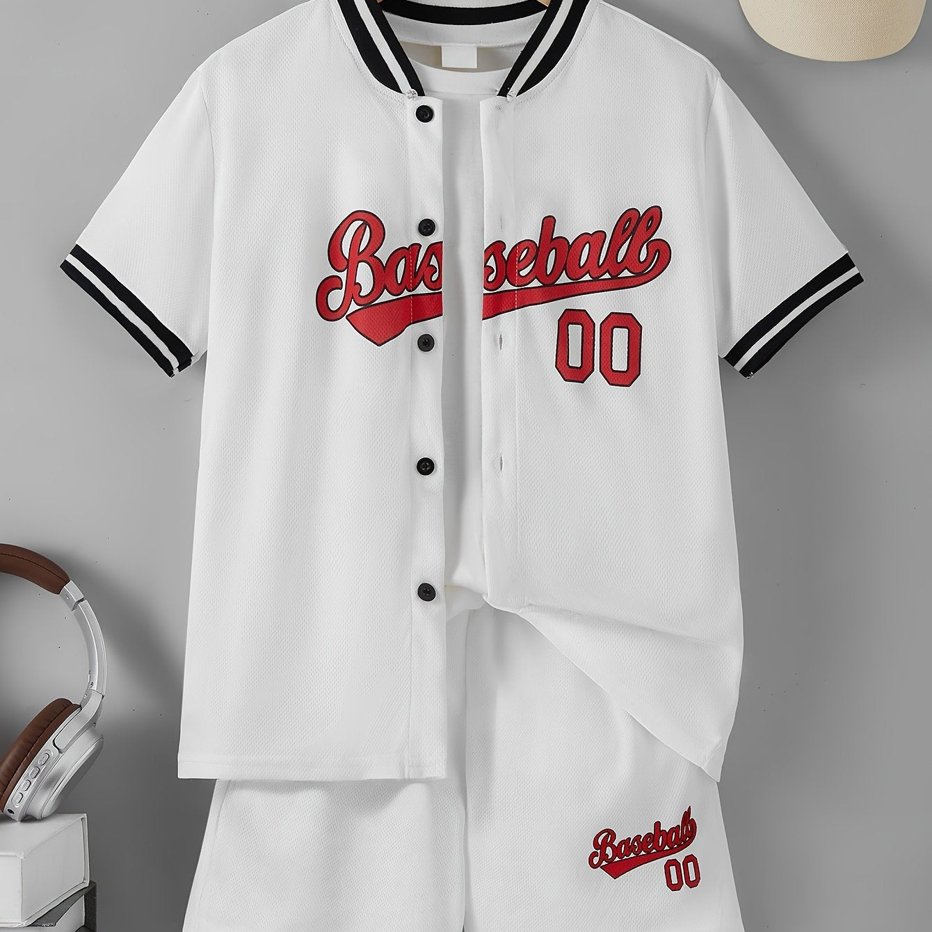 Baseball 00 Design Print, Boy's Cozy 2pcs Set, Short Sleeve Button Baseball Jacket & Comfy Shorts For Summer Daily, Outdoor And Sports Wear