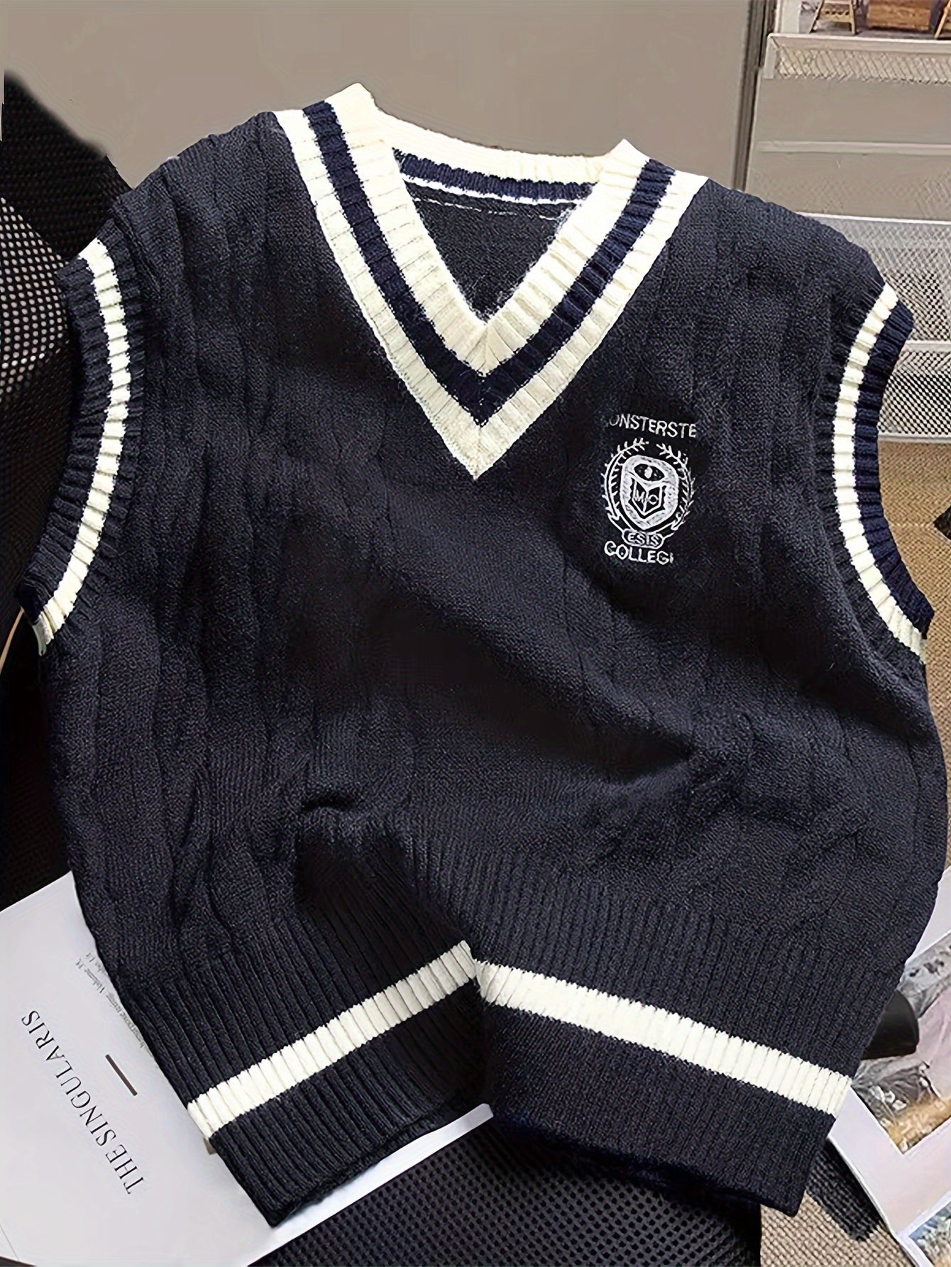 Elegant V-Neck Cable Knit Sweater Vest with Badge Detail - Polyester/Acrylic Blend, Non-Transparent, Contrast Pattern, All Seasons