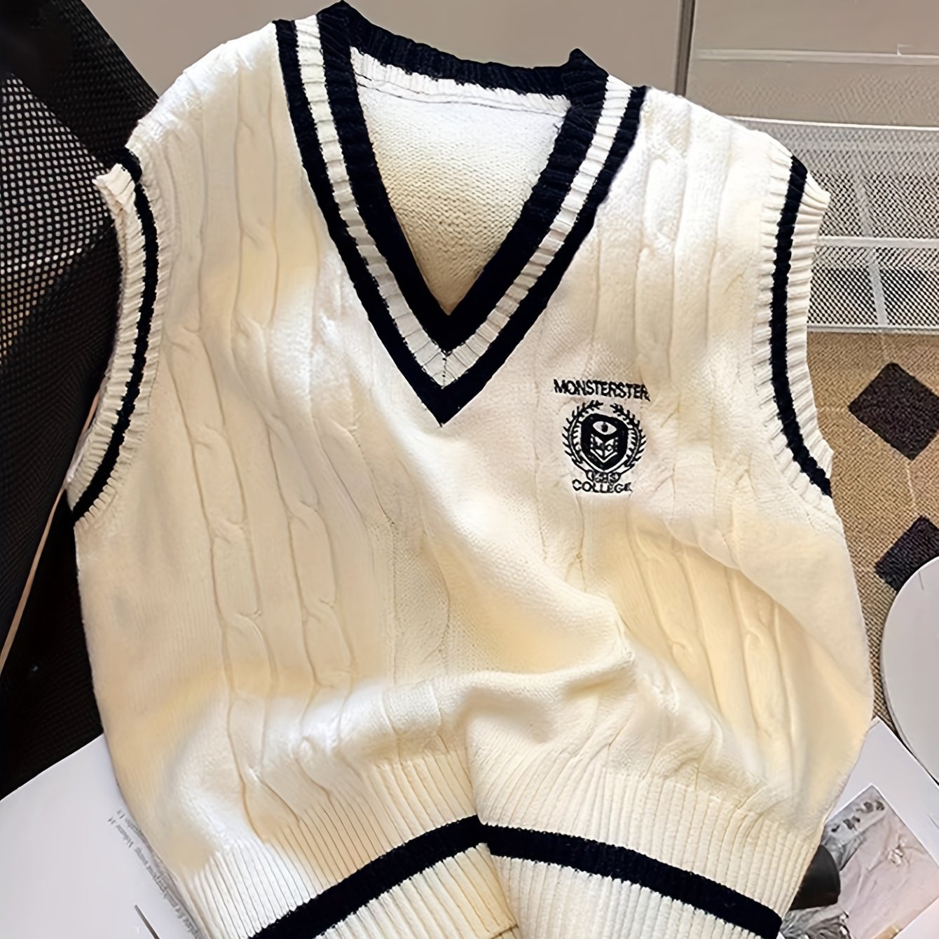 Elegant V-Neck Cable Knit Sweater Vest with Badge Detail - Polyester/Acrylic Blend, Non-Transparent, Contrast Pattern, All Seasons