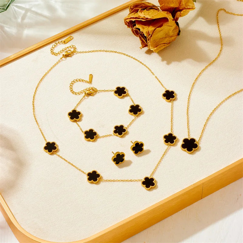 DIEYURO 316L Stainless Steel Five Leaf Flower Necklace Bracelet Earrings For Women New Trendy High-Quality Clover Jewelry Set