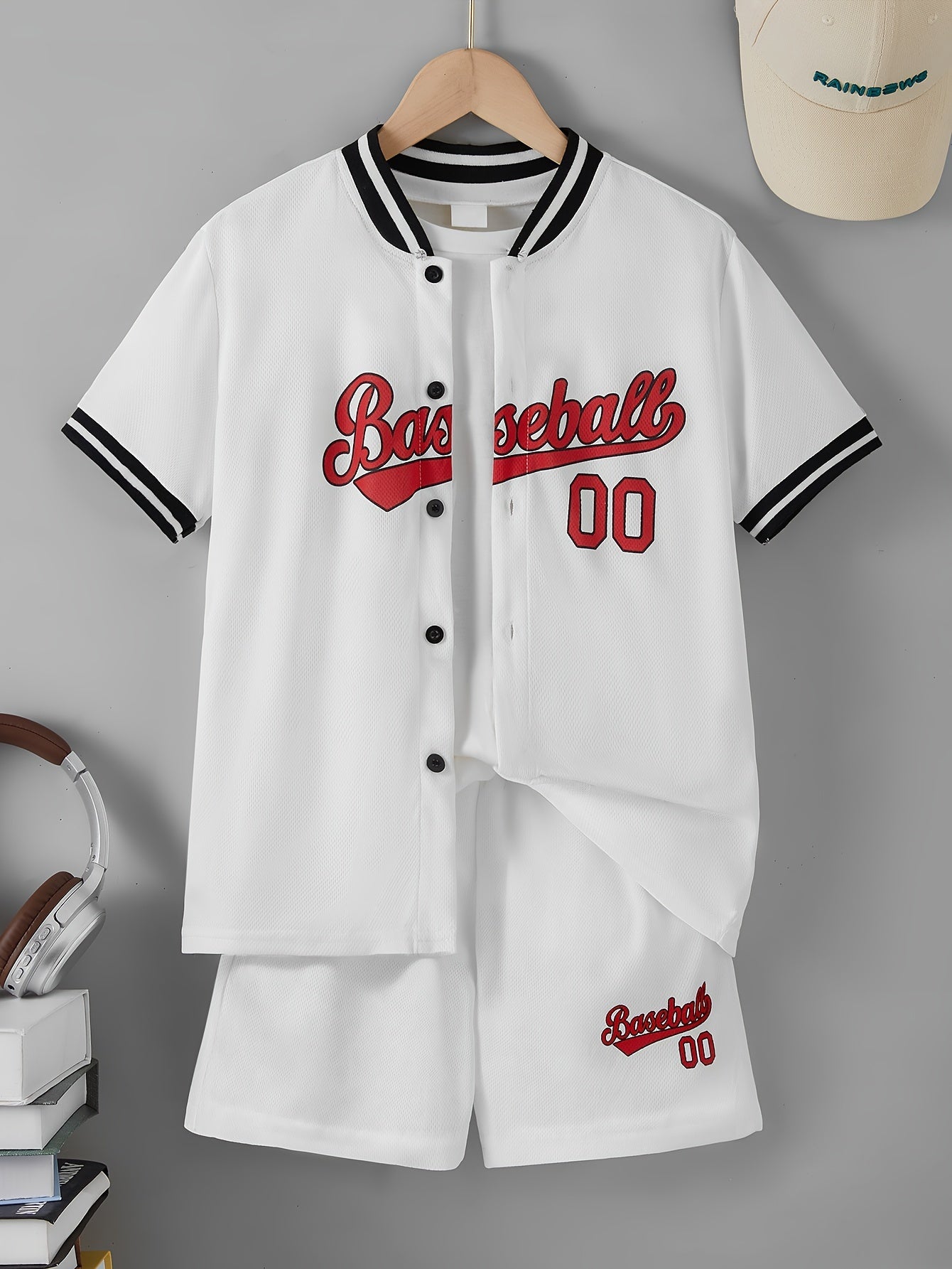 Baseball 00 Design Print, Boy's Cozy 2pcs Set, Short Sleeve Button Baseball Jacket & Comfy Shorts For Summer Daily, Outdoor And Sports Wear