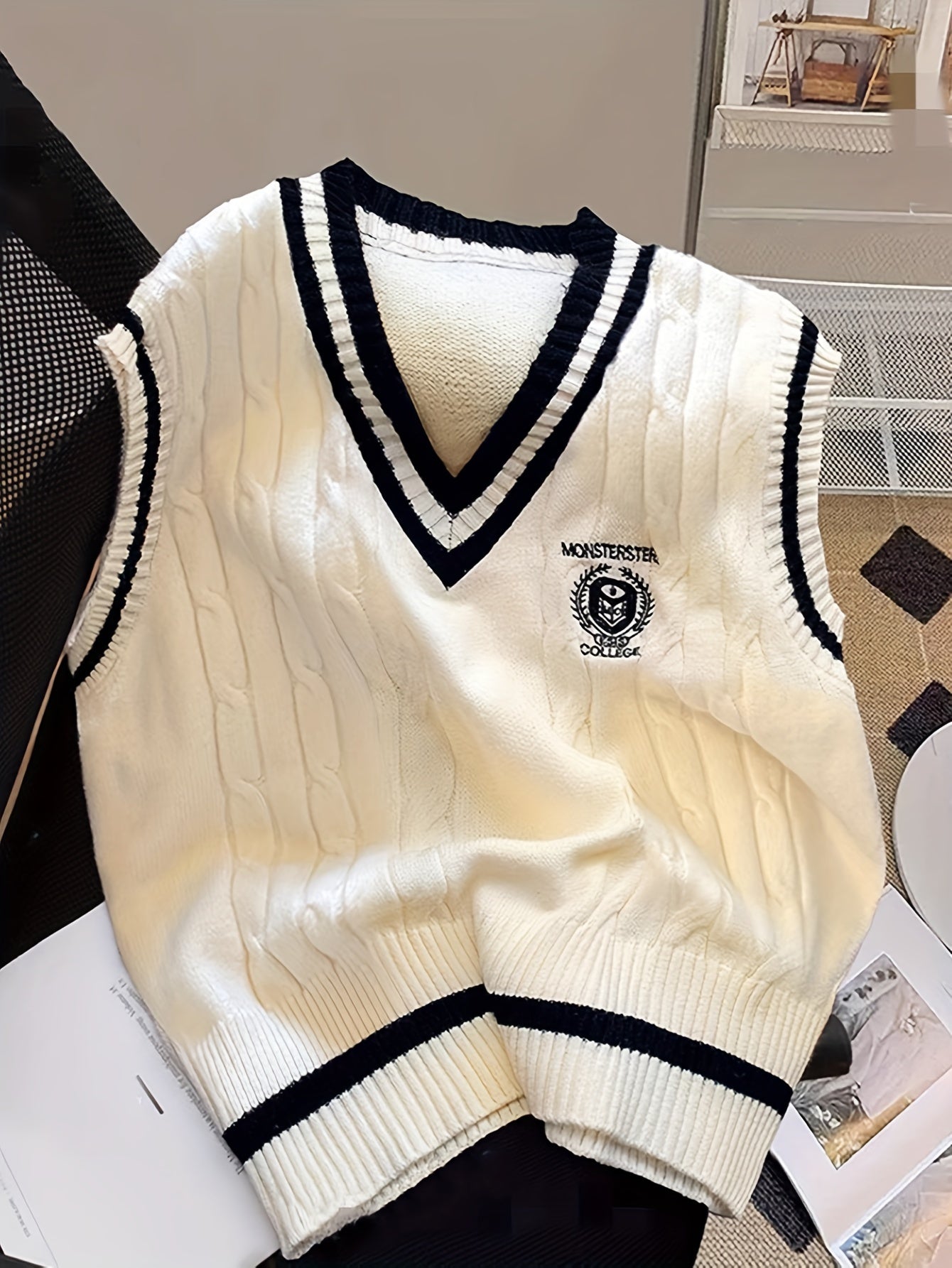 Elegant V-Neck Cable Knit Sweater Vest with Badge Detail - Polyester/Acrylic Blend, Non-Transparent, Contrast Pattern, All Seasons