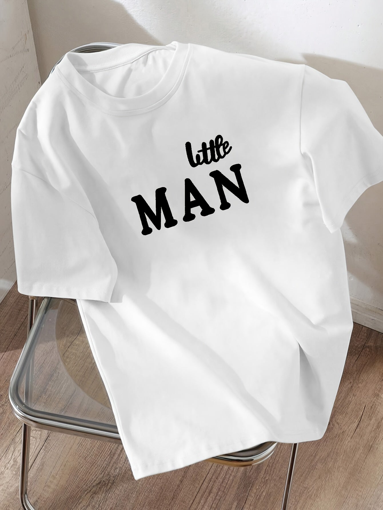 Boys' Casual Summer T-Shirt - "LITTLE for Man" Bold Letter Print, Loose Fit, Short Sleeve, Polyester Blend, Machine Washable, Tween Boy Clothes