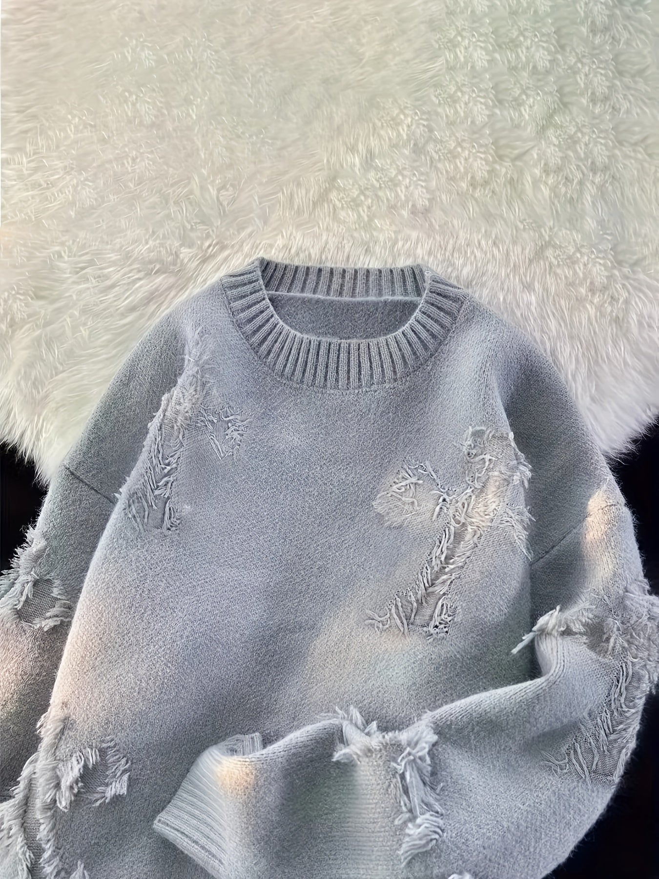 Women's Casual Light Gray Pullover Sweater - Soft 100% Polyester, Round Neck, Loose Fit with Distressed Detailing - Perfect for Fall/Winter