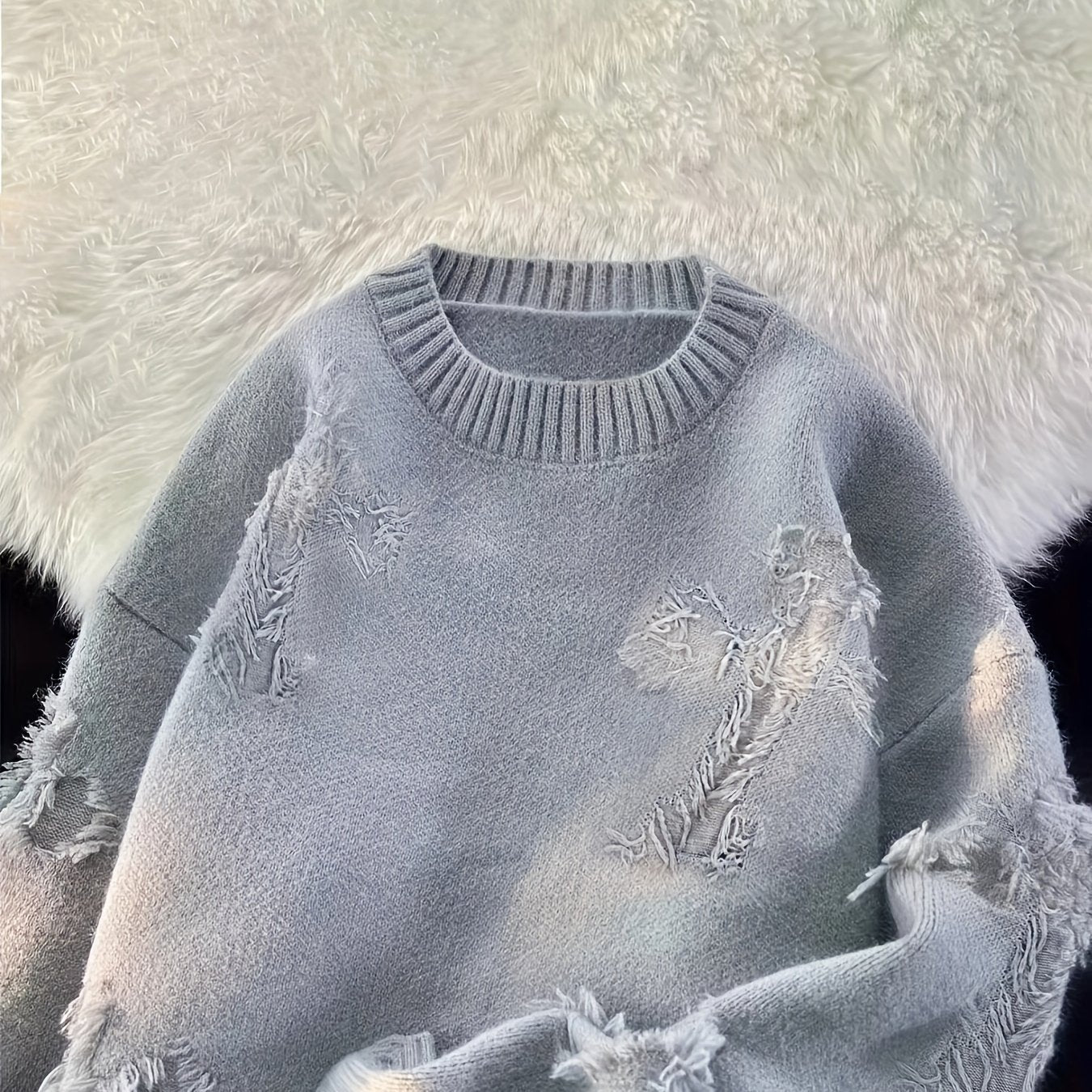 Women's Casual Light Gray Pullover Sweater - Soft 100% Polyester, Round Neck, Loose Fit with Distressed Detailing - Perfect for Fall/Winter