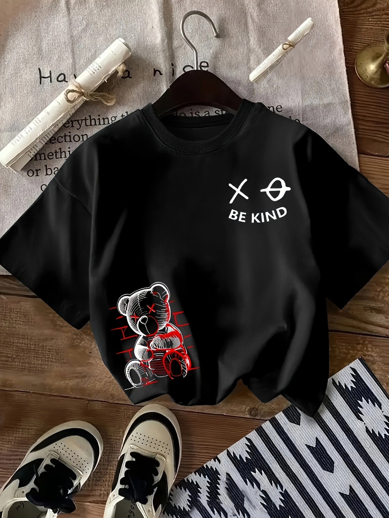 Kids' Summer Casual Crew Neck T-Shirt, Polyester 100% Knitted Fabric with Slight Stretch, Regular Fit with Alphabet Pattern, Boys' Short Sleeve Top for Outdoor Activities