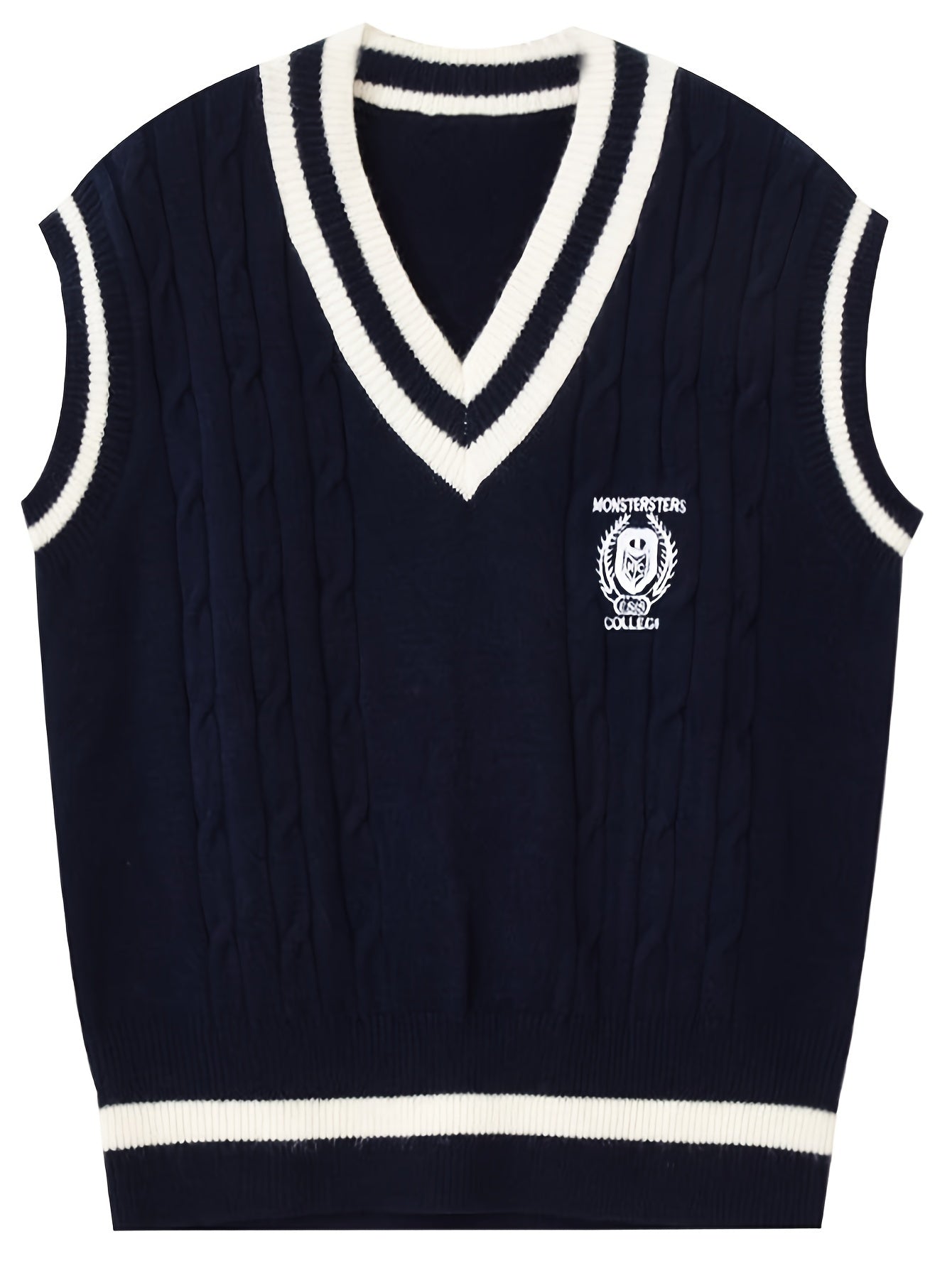 Elegant V-Neck Cable Knit Sweater Vest with Badge Detail - Polyester/Acrylic Blend, Non-Transparent, Contrast Pattern, All Seasons