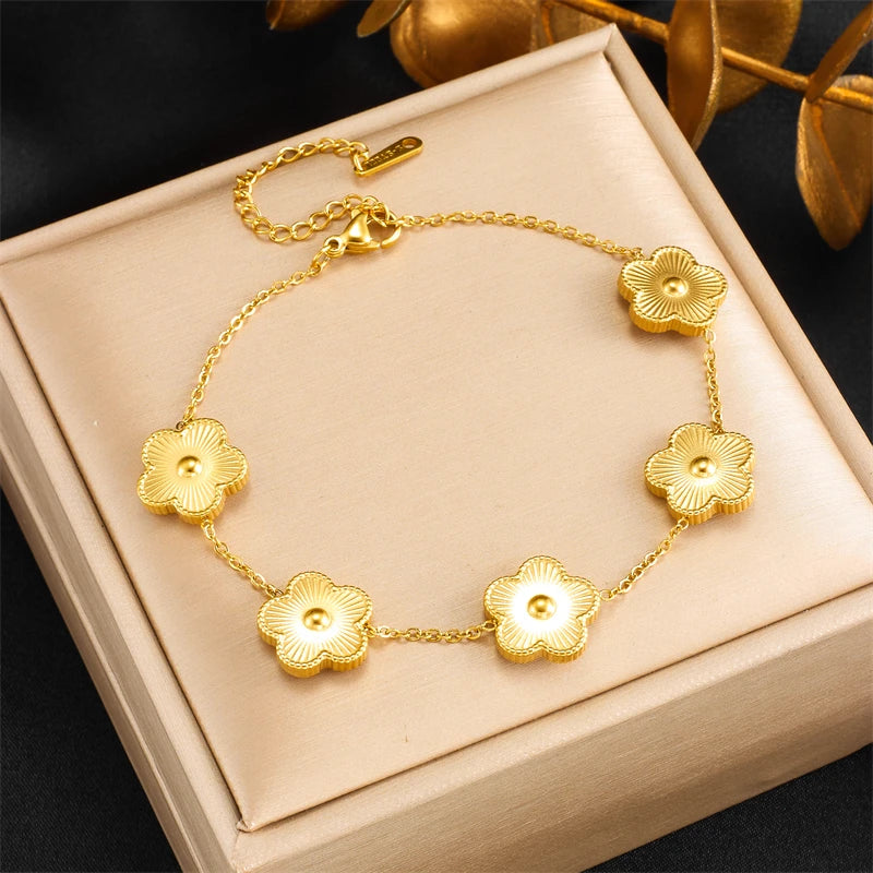 DIEYURO 316L Stainless Steel Five Leaf Flower Necklace Bracelet Earrings For Women New Trendy High-Quality Clover Jewelry Set