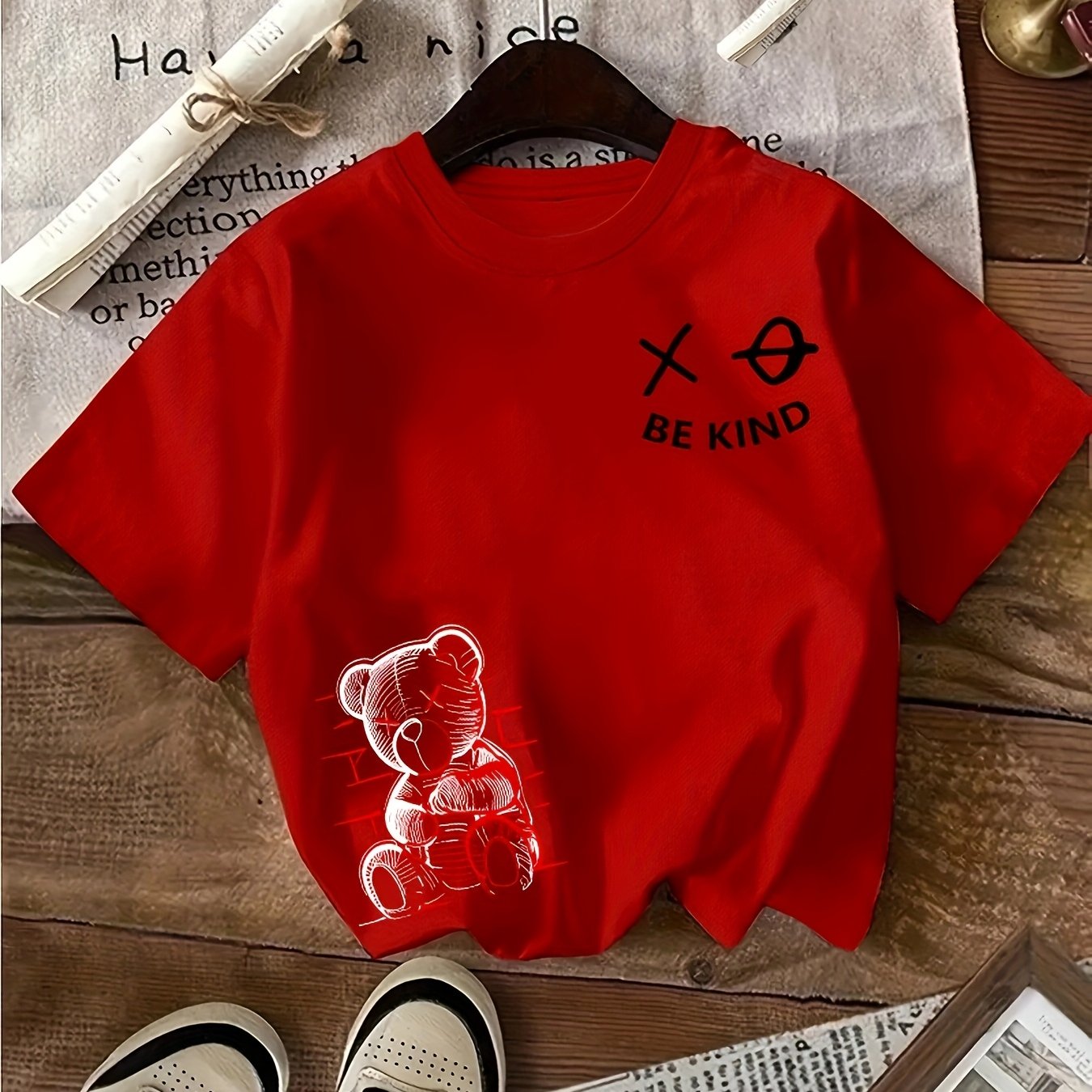 Kids' Summer Casual Crew Neck T-Shirt, Polyester 100% Knitted Fabric with Slight Stretch, Regular Fit with Alphabet Pattern, Boys' Short Sleeve Top for Outdoor Activities