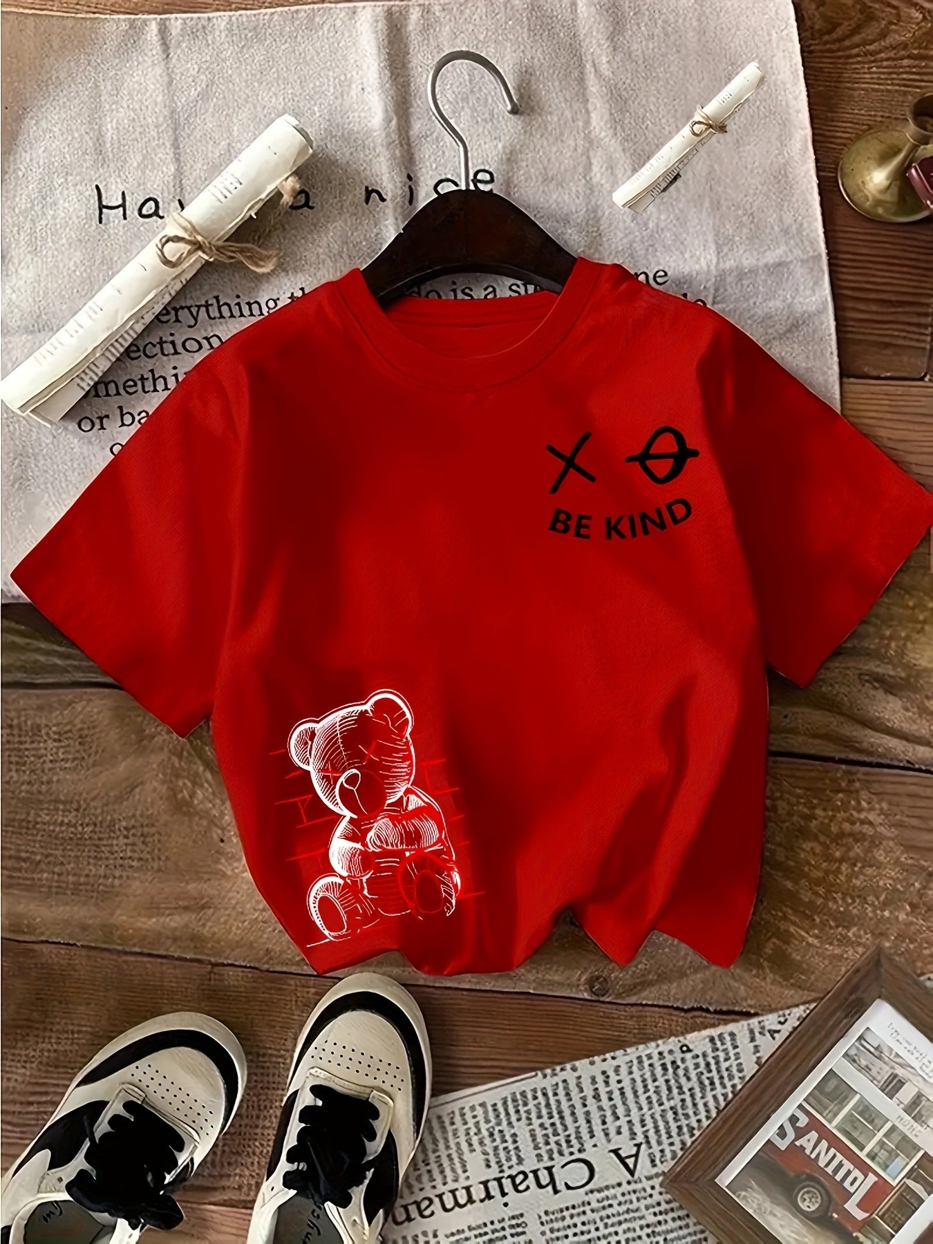 Kids' Summer Casual Crew Neck T-Shirt, Polyester 100% Knitted Fabric with Slight Stretch, Regular Fit with Alphabet Pattern, Boys' Short Sleeve Top for Outdoor Activities